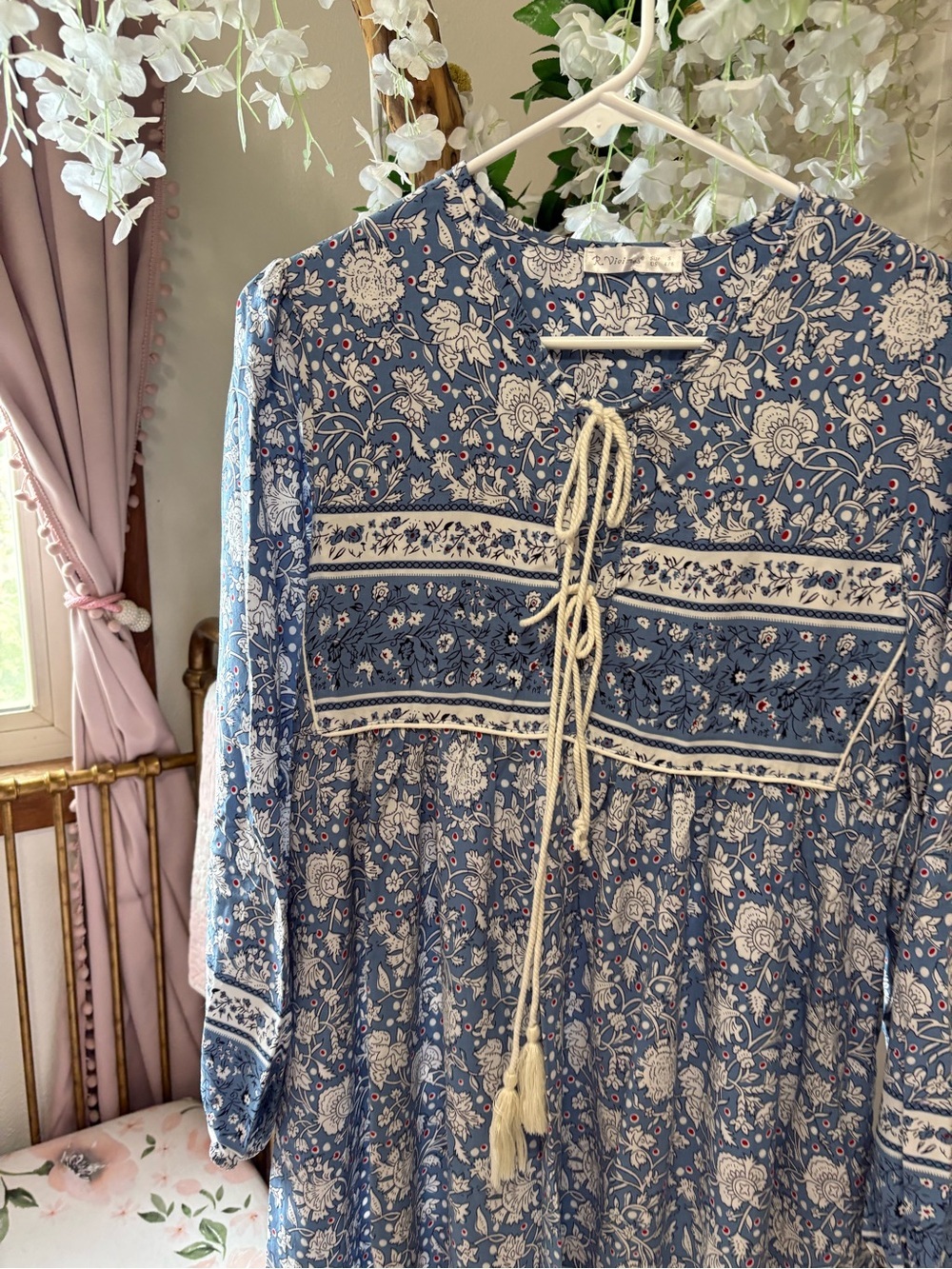 R Vibimos Blue Floral Midi Dress with Tassel Tie and Long Sleeves - Picture 3 of 5